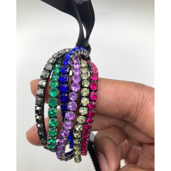 EXPRESS Multicolor Rhinestone on Grey Tone Metal Stretch Bracelets Set - Picture 6 of 6